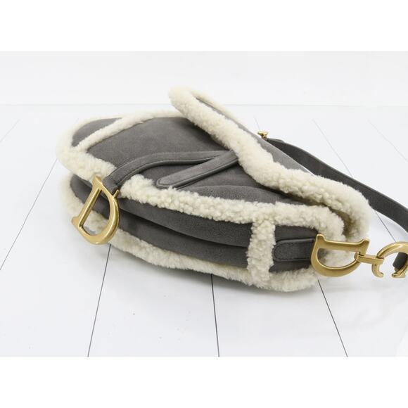 Christian Dior Shearling Saddle Bag Gray Shoulder Purse Suede/Gold CD Rare Auth - Picture 8 of 16